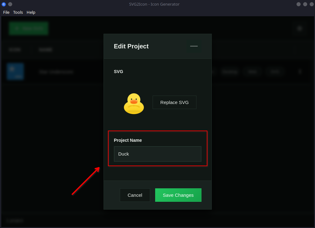 New name shown in modal