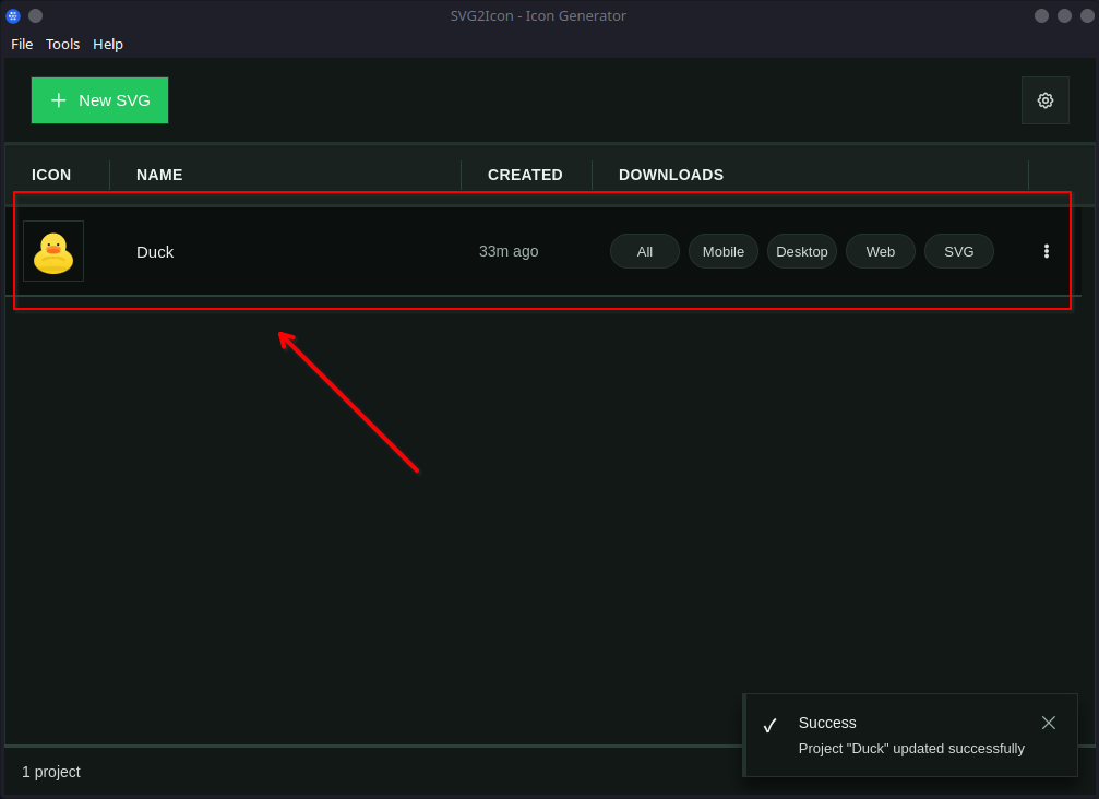 Updated project row in table